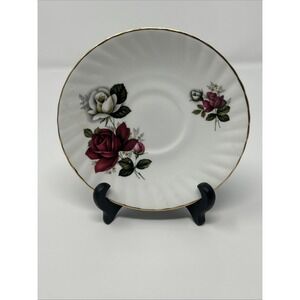 Vintage Royal Dover Bone China Burgundy & White Rose Saucer England